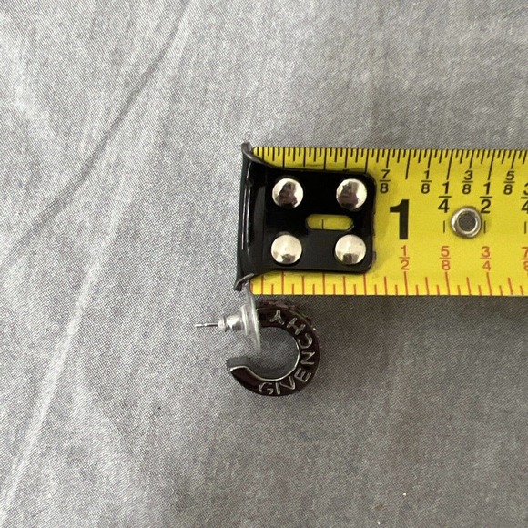 Women Signed Givenchy Earrings, Pewter Tone Rhinestone J Hoop Huggie, Piercing - Picture 9 of 9